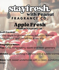 Advertisement for Apple Fresh fragrance oil by Peanut Fragrance Co. with apples on a table.