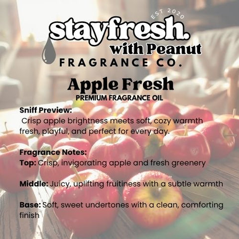 Advertisement for Apple Fresh fragrance oil by Peanut Fragrance Co. with apples on a table.