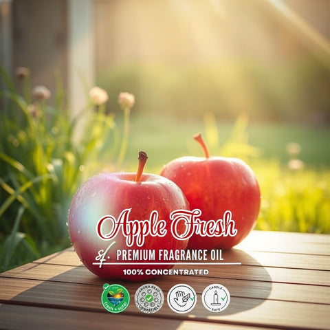Two red apples on a wooden surface with 'Apple Fresh' fragrance oil packaging.