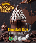 Chocolate Buzz fragrance oil packaging with a cup of hot chocolate and whipped cream.