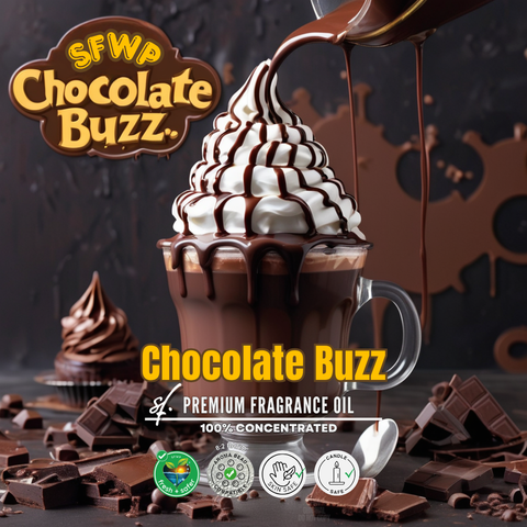 Chocolate Buzz fragrance oil packaging with a cup of hot chocolate and whipped cream.