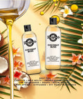 Two bottles of 'Coconut Bliss' fragrance on a decorative background with flowers and leaves.