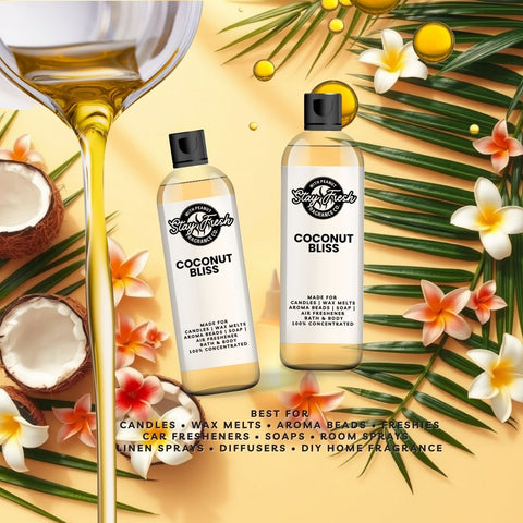 Two bottles of 'Coconut Bliss' fragrance on a decorative background with flowers and leaves.