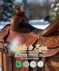 Brown leather saddle with decorative elements on a snowy background, featuring 'Suddle & Spice' fragrance oil branding.