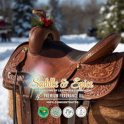 Brown leather saddle with decorative elements on a snowy background, featuring 'Suddle & Spice' fragrance oil branding.