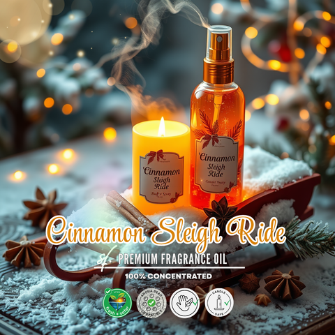 Cinnamon Sleighride fragrance oil — warm spiced holiday scent with cinnamon, vanilla, and amber woods. Limited-edition SFWP holiday fragrance.