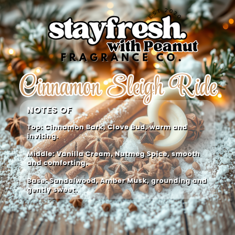 Advertisement for Peanut Fragrance Co. Cinnamon Sleigh Ride fragrance with cinnamon sticks and star anise on a snowy background.
