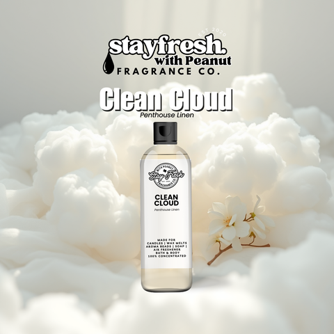 Fragrance bottle labeled 'Clean Cloud' by Peanut Fragrance Co. surrounded by white flowers on a light background.
