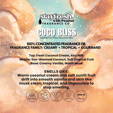 Stay Fresh Coco Bliss fragrance oil packaging with coconut imagery