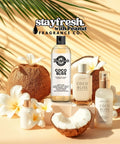 Stayfresh Coco Bliss fragrance set with coconuts and flowers on a beige background