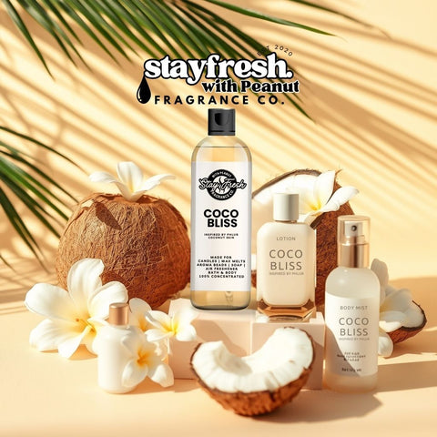 Stayfresh Coco Bliss fragrance set with coconuts and flowers on a beige background