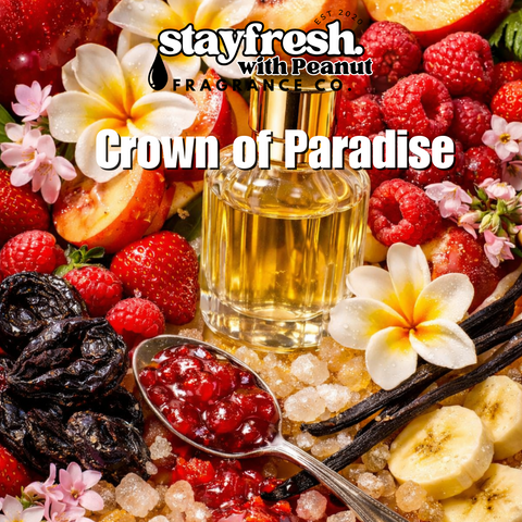 Fragrance bottle surrounded by fruits, flowers, and vanilla beans with 'stay fresh with Peanut Fragrance Co' text.