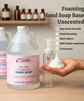 Foaming hand soap base with packaging and a person holding a pump dispenser.