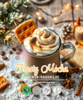 Frosty Mocha fragrance oil packaging with a cup of coffee and holiday decorations.