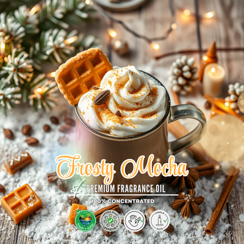 Frosty Mocha fragrance oil packaging with a cup of coffee and holiday decorations.
