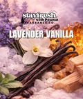 Lavender vanilla fragrance product with vanilla beans, lavender flowers, and amber on a textured background.