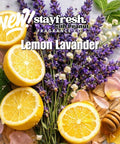 Lemon Lavender fragrance product with lemons, lavender, and honeycomb on a white background.