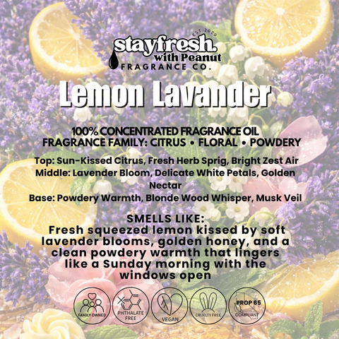 Advertisement for Lemon Lavender fragrance oil by Peanut Fragrance Co. with lemon slices and lavender flowers.