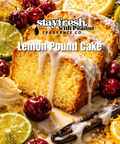 Lemon pound cake with cherries and lime slices on a decorative background with 'stayfresh with Peanut Fragrance Co.' branding.