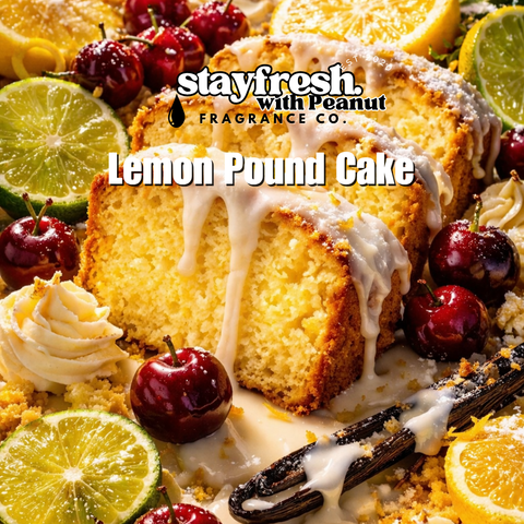 Lemon pound cake with cherries and lime slices on a decorative background with 'stayfresh with Peanut Fragrance Co.' branding.