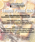 Advertisement for lemon pound cake fragrance oil with cake and lemons in the background