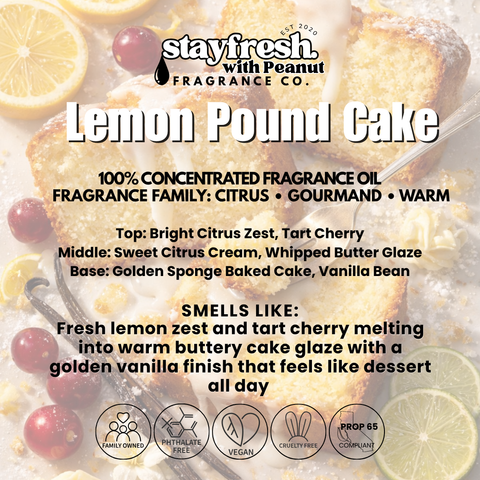 Advertisement for lemon pound cake fragrance oil with cake and lemons in the background