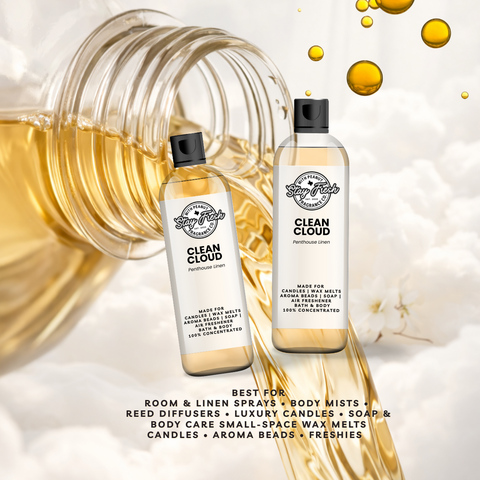 Two bottles of 'Clean Cloud' product with a glass container and bubbles on a light background.