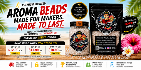 Premium scented aroma beads for freshie makers from Stay Fresh With Peanut. Long-lasting fragrance beads with bulk discounts on 3 lb, 5 lb, and 10 lb orders. Performance-tested since 2020, family-owned Texas maker brand trusted for high-quality freshie supplies.