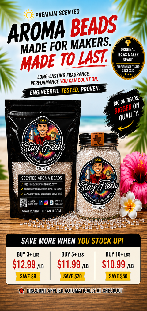 Premium scented aroma beads from Stay Fresh With Peanut featuring bulk discounts on 3 lb, 5 lb, and 10 lb quantities. Long-lasting fragrance beads for freshie makers with performance-tested quality and Texas-made branding.