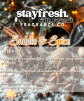 Advertisement for 'Saddle & Spice' fragrance by Peanut Fragrance Co. with cinnamon sticks, star anise, and other spices.