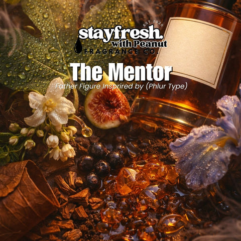 Stayfresh with Peanut Fragrance Co. bottle surrounded by flowers, leaves, and fruits on a dark background.