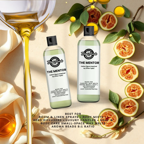 Two bottles of 'The Mentor' product with figs and a glass of oil on a beige background.