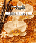 Vanilla Obsession fragrance with vanilla beans and flowers on a textured background