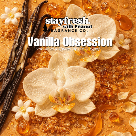 Vanilla Obsession fragrance with vanilla beans and flowers on a textured background