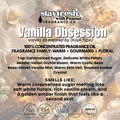 Advertisement for Vanilla Obsession fragrance oil by Peanut Fragrance Co. with product details and branding.