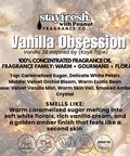 Advertisement for Vanilla Obsession fragrance oil by Peanut Fragrance Co. with product details and branding.