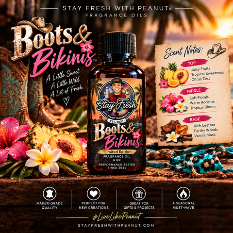 Boots & Bikinis fragrance oil scent profile featuring fruity sweetness, warm leather, and tropical-inspired fragrance notes.