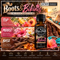 Boots & Bikinis fragrance oil with a western beach-inspired theme featuring cowboy boots, tropical flowers, and sunset scenery.