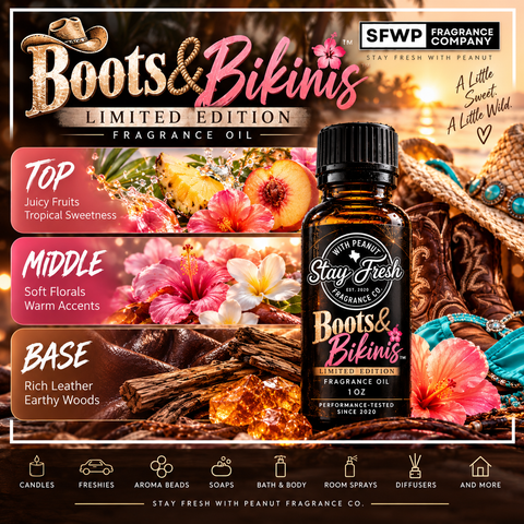 Boots & Bikinis fragrance oil with a western beach-inspired theme featuring cowboy boots, tropical flowers, and sunset scenery.
