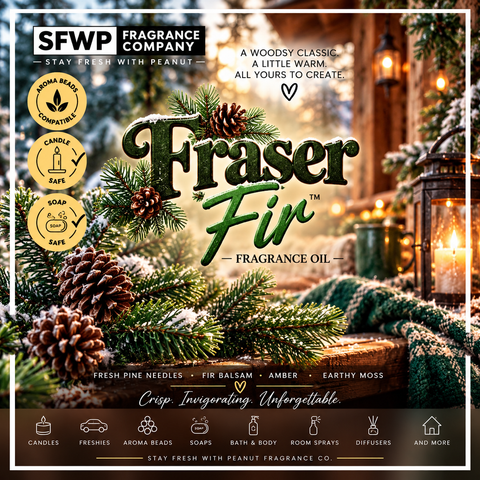 Fraser Fir Fragrance Oil by Stay Fresh With Peanut featuring fresh evergreen branches, pinecones and a cozy winter cabin scene. Perfect Christmas tree scent for candles, soap, freshies and aroma beads.