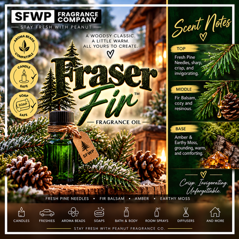 Fraser Fir Fragrance Oil by Stay Fresh With Peanut featuring fresh evergreen branches, pinecones and a cozy winter cabin scene. Perfect Christmas tree scent for candles, freshies and aroma beads.