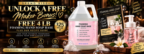 SFWP maker bonus featuring a free 4 lb foaming hand soap base and recipe guide with orders of $150 or more, plus free shipping while supplies last.