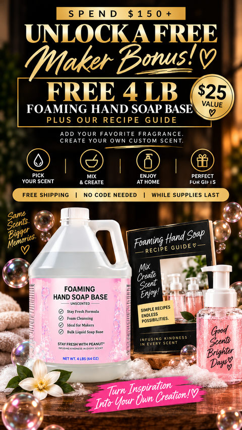 SFWP maker bonus featuring a free 4 lb foaming hand soap base and recipe guide with orders of $150 or more, plus free shipping while supplies last.