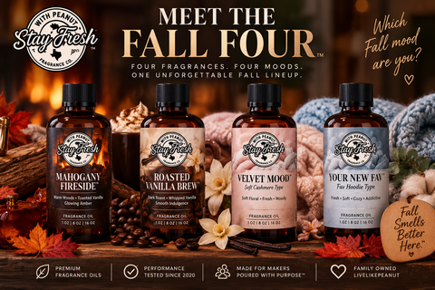 Meet the Fall Four fragrance oil collection by Stay Fresh With Peanut featuring Mahogany Fireside, Roasted Vanilla Brew, Velvet Mood Soft Cashmere Type, and Your New Fav Fav Hoodie Type.