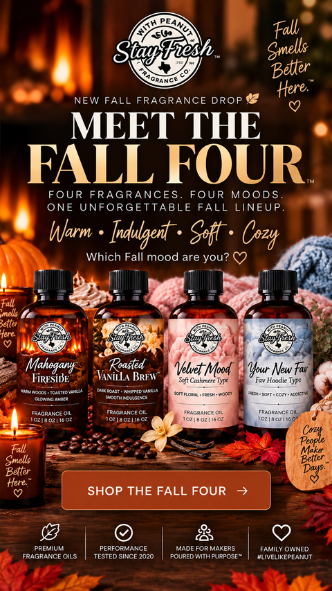Meet the Fall Four fragrance oil collection by Stay Fresh With Peanut featuring Mahogany Fireside, Roasted Vanilla Brew, Velvet Mood Soft Cashmere Type, and Your New Fav Fav Hoodie Type.