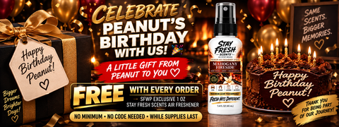 Celebrate Peanut's birthday with a free Mahogany Fireside Stay Fresh Scents air freshener with every order from SFWP while supplies last.