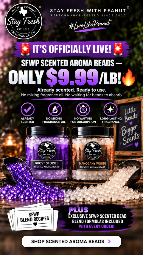 Stay Fresh With Peanut scented aroma beads on sale for $9.99 per lb, ready to use with exclusive SFWP bead blend recipes included.